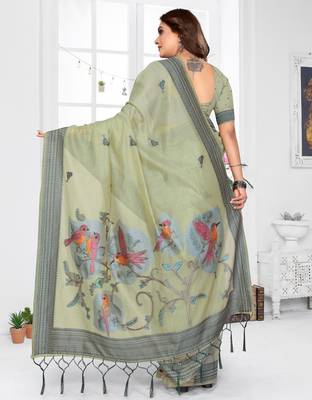 sage jacquard cotton blend saree with blouse  4