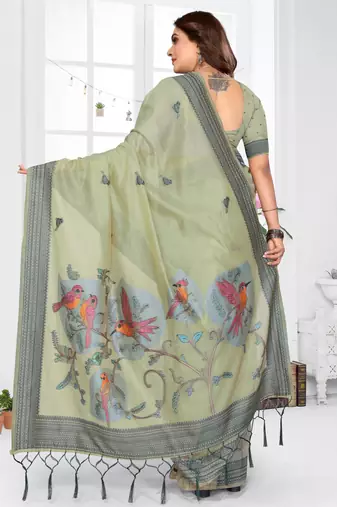 sage jacquard cotton blend saree with blouse 