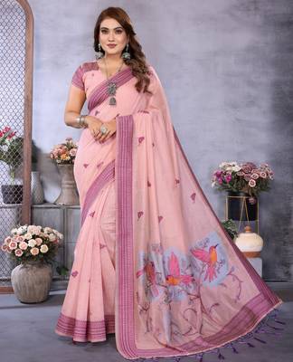 pink jacquard cotton blend saree with blouse  1