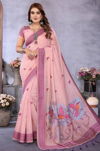 pink jacquard cotton blend saree with blouse 