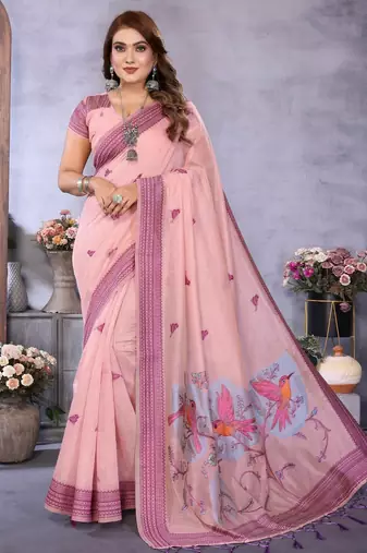 pink jacquard cotton blend saree with blouse 