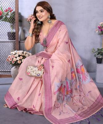 pink jacquard cotton blend saree with blouse  2