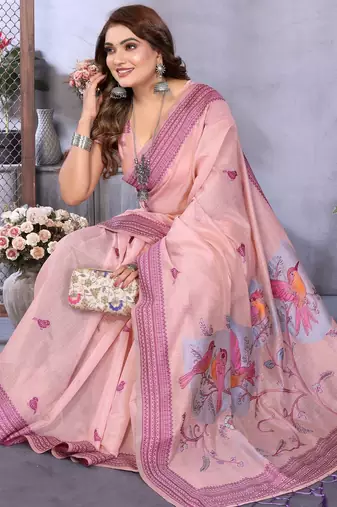 pink jacquard cotton blend saree with blouse 