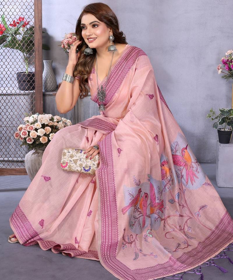 pink jacquard cotton blend saree with blouse 