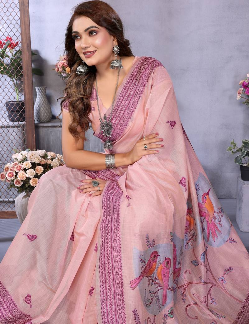 pink jacquard cotton blend saree with blouse 