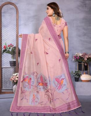 pink jacquard cotton blend saree with blouse  4