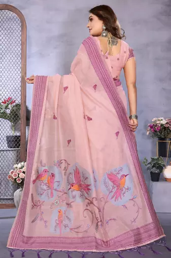 pink jacquard cotton blend saree with blouse 
