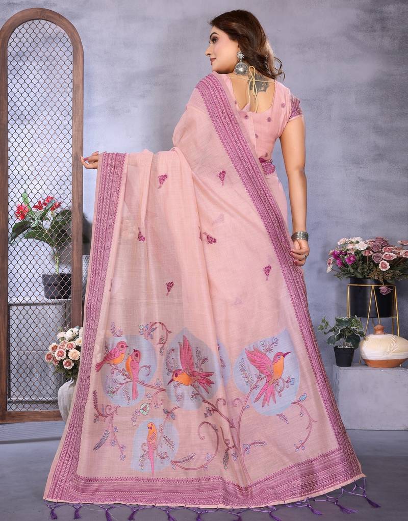 pink jacquard cotton blend saree with blouse 