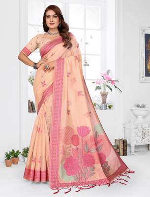 peach jacquard cotton blend saree with blouse  1