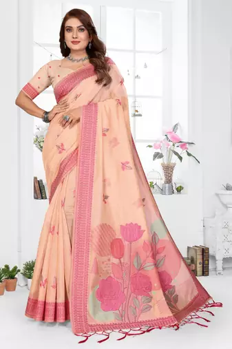 peach jacquard cotton blend saree with blouse 