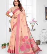 peach jacquard cotton blend saree with blouse 