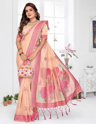 peach jacquard cotton blend saree with blouse  2