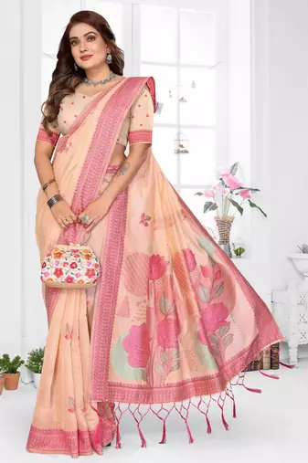 peach jacquard cotton blend saree with blouse 