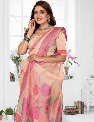 peach jacquard cotton blend saree with blouse  3
