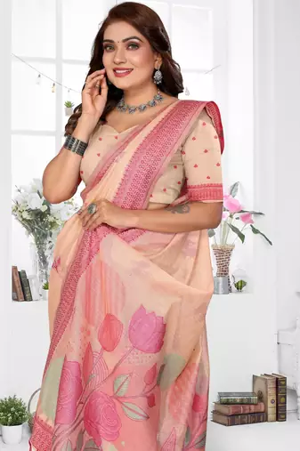 peach jacquard cotton blend saree with blouse 