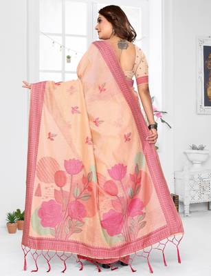 peach jacquard cotton blend saree with blouse  4