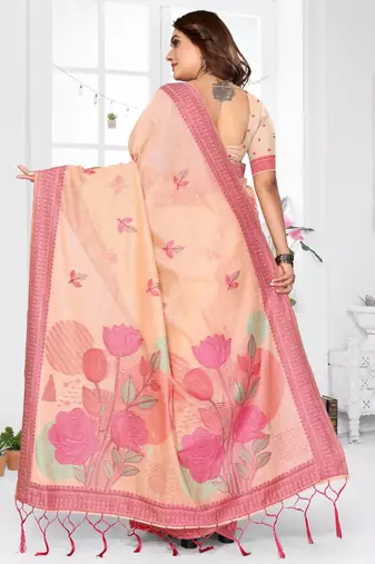 peach jacquard cotton blend saree with blouse 