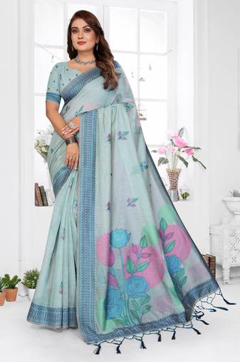 blue jacquard cotton blend saree with blouse 