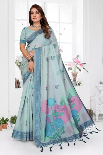 blue jacquard cotton blend saree with blouse 