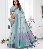 blue jacquard cotton blend saree with blouse 