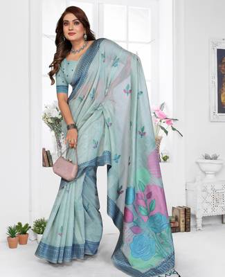 blue jacquard cotton blend saree with blouse  2