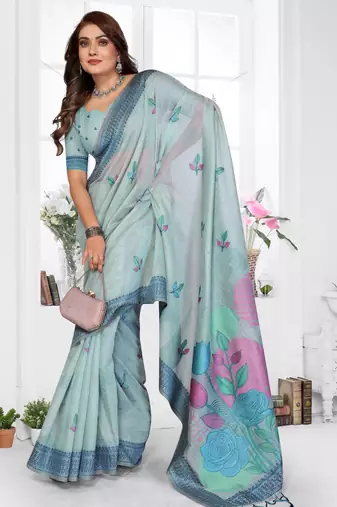blue jacquard cotton blend saree with blouse 