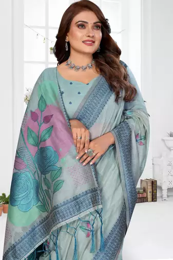 blue jacquard cotton blend saree with blouse 