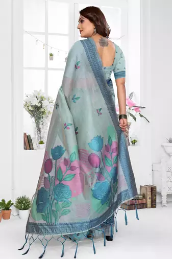 blue jacquard cotton blend saree with blouse 