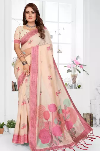 beige jacquard cotton blend saree with blouse 