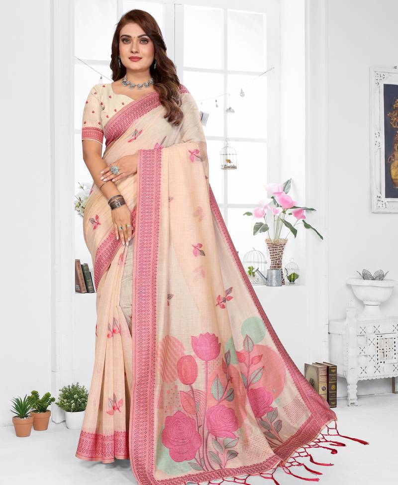 beige jacquard cotton blend saree with blouse 