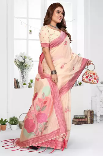 beige jacquard cotton blend saree with blouse 