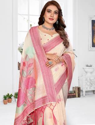 beige jacquard cotton blend saree with blouse  3