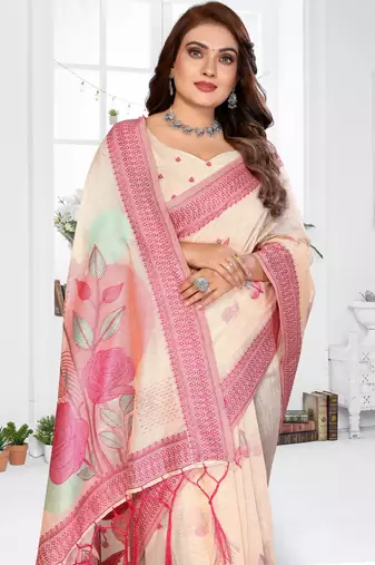 beige jacquard cotton blend saree with blouse 