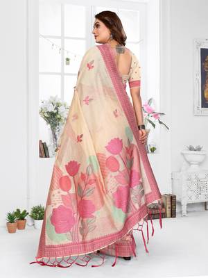 beige jacquard cotton blend saree with blouse  4