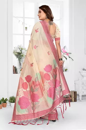 beige jacquard cotton blend saree with blouse 