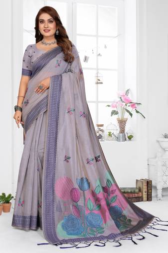 lavender jacquard cotton blend saree with blouse 