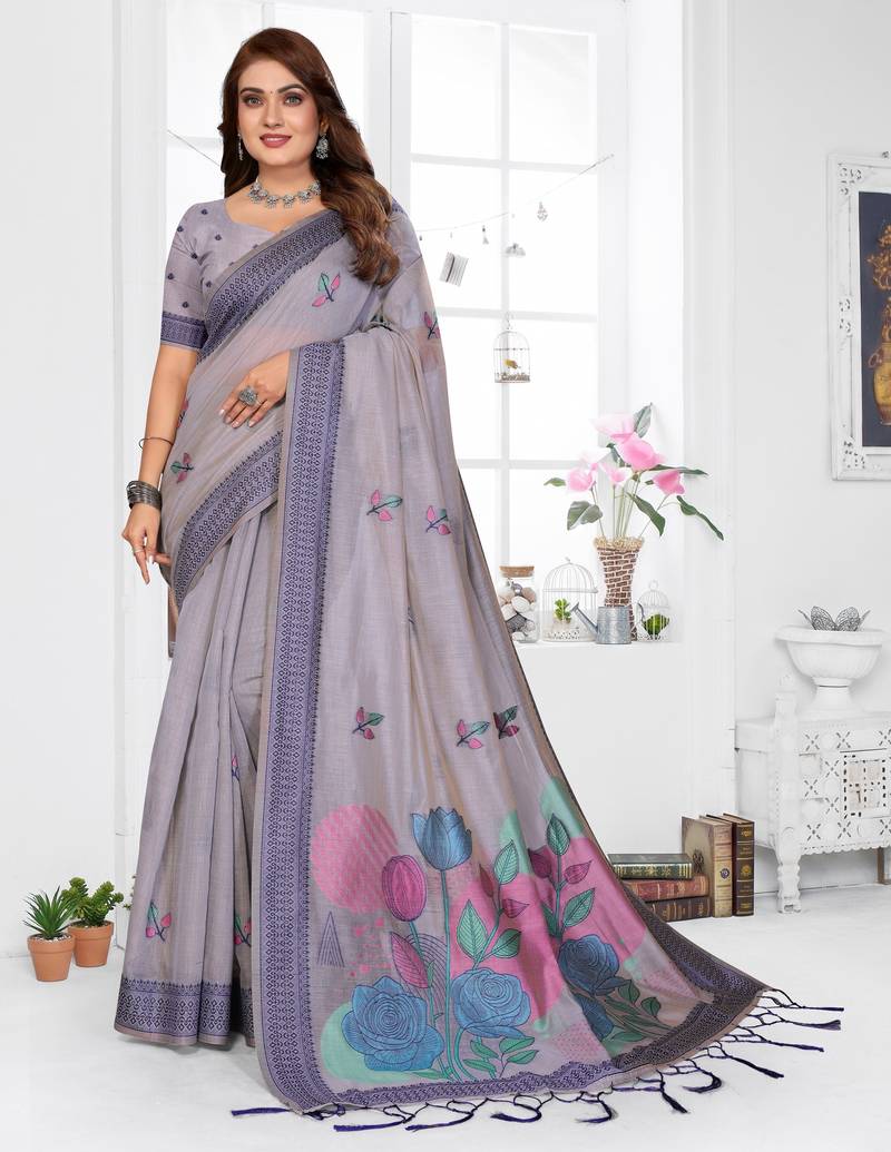 lavender jacquard cotton blend saree with blouse 