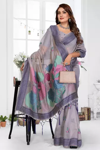 lavender jacquard cotton blend saree with blouse 