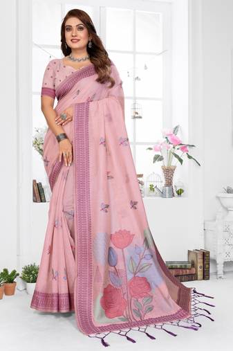 pink jacquard cotton blend saree with blouse 