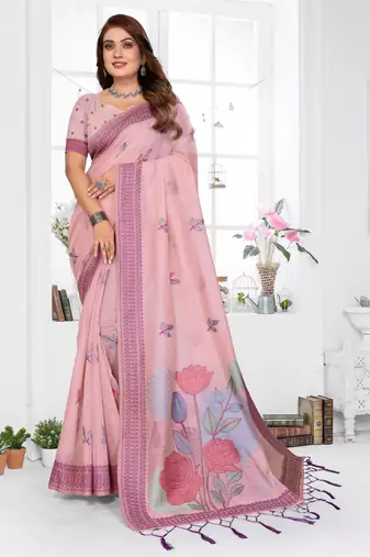 pink jacquard cotton blend saree with blouse 