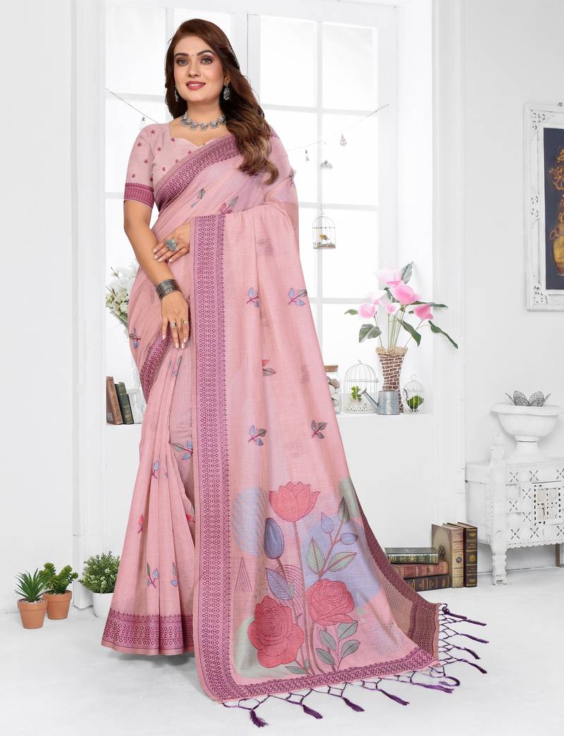 pink jacquard cotton blend saree with blouse 