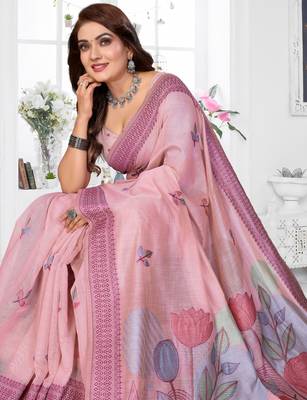 pink jacquard cotton blend saree with blouse  2