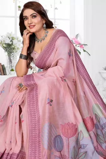 pink jacquard cotton blend saree with blouse 