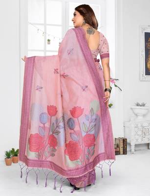 pink jacquard cotton blend saree with blouse  3