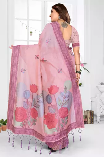 pink jacquard cotton blend saree with blouse 