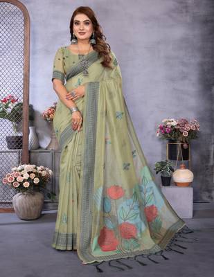 sage jacquard cotton blend saree with blouse  1