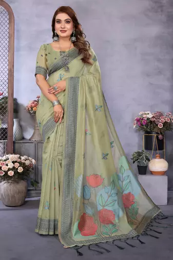 sage jacquard cotton blend saree with blouse 