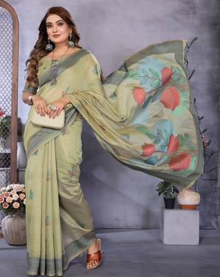 sage jacquard cotton blend saree with blouse  2
