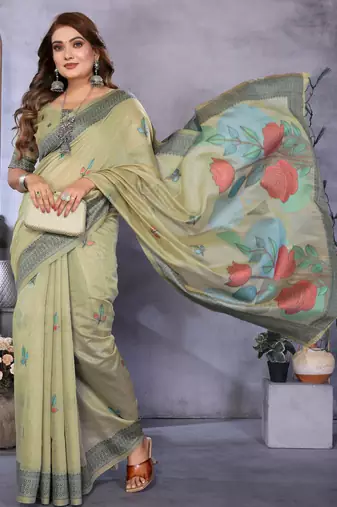sage jacquard cotton blend saree with blouse 
