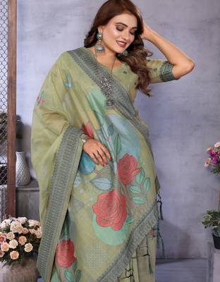 sage jacquard cotton blend saree with blouse  3